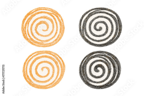 Set of hand-drawn crayon and charcoal spiral shapes. Abstract vector doodle illustration. Hypnotic swirl, vertigo concept. Round textured grunge design elements for patterns.