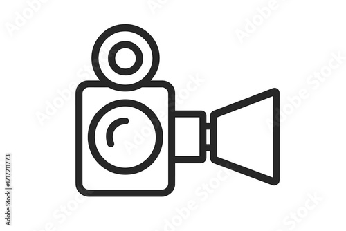 Video camera icon, camcorder symbol. Linear vector illustration for film, movie, cinema production. Outline pictogram for media player, web, app, recording, broadcast.
