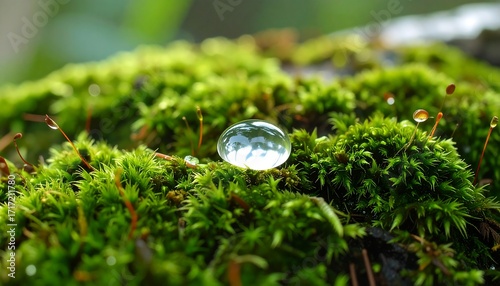 Close-up of vibrant green moss with glistening water droplets. Sunlight catches the dew, creating a clear, reflective effect