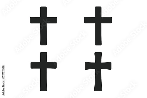Christian cross icon set. Black silhouette collection of religious symbols. Catholic faith vector graphics. Crucifix shapes for church, bible, prayer and holy concepts illustration.
