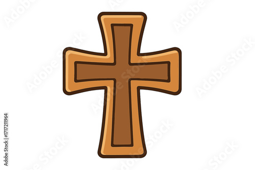 Christian cross vector icon. Cartoon wooden or stone crucifix illustration. Religious symbol of faith, god, and spirituality. Holy catholic church design element. Ancient belief.