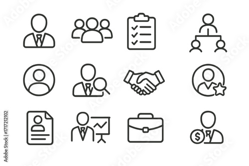 Business and HR icons set. Human resources, management, and recruitment line pictograms. Career, teamwork, corporate staff, and personnel symbols for web and mobile apps.