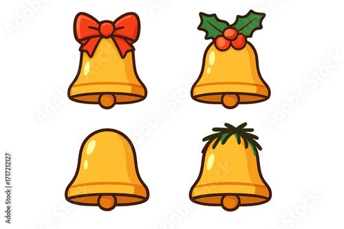 Christmas bells vector icon set. Golden jingle bells with red bow and holly. Cartoon illustration for winter holiday, xmas decoration. Flat design element for celebration.