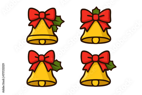 Set of Christmas bell icons with red ribbon bow and holly. Golden jingle bells vector illustration. Winter holiday, merry xmas, noel symbol. Festive cartoon decoration graphic.