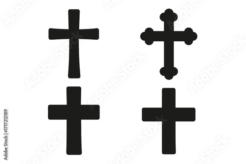 Set of Christian cross icons. Black silhouette collection of religious crucifix symbols. Vector faith sign for catholic church. Holy spirituality and christianity illustration.