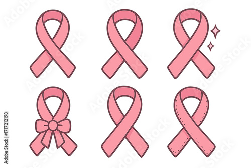Pink ribbon vector set for breast cancer awareness month campaign. Collection of hope and support symbols. Medical health flat cartoon illustration for charity design element.
