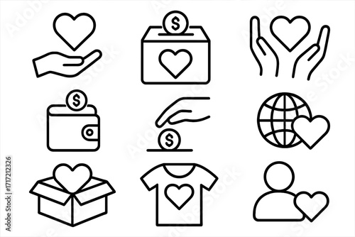Donation and charity icon set. Vector line art symbols for giving, love, and support. Minimalist pictograms for social causes, volunteering, fundraising and humanitarian aid.