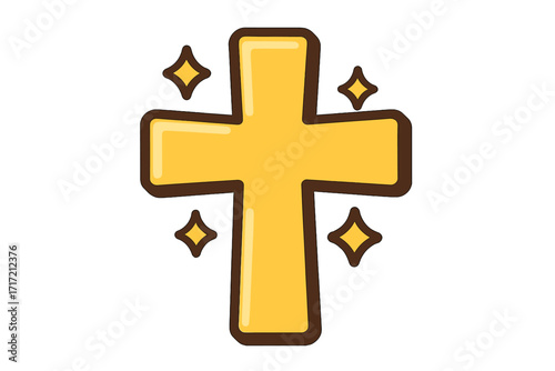 Golden cross icon vector illustration. Shiny cartoon christianity symbol. Religious flat design element. Holy faith sign with sparkles. Jesus crucifix logotype for church.