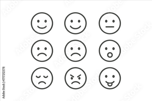 Emoji set with different emotions. Minimalist emoticon collection. Happy, sad, angry face icons. Linear smileys for customer feedback, social media. Vector illustration