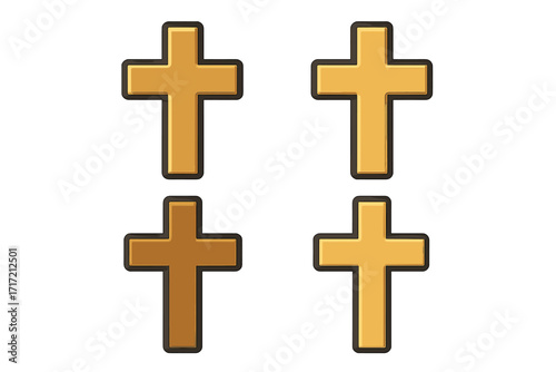 Set of golden crosses. Christian symbol icon. Religious jewelry sign. Vector graphic illustration. Faith, crucifix, catholic, spiritual, god, church, prayer element concept.