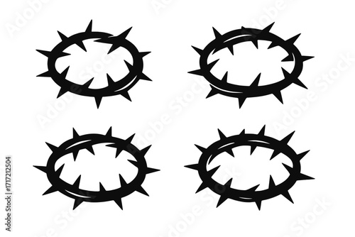 Crown of thorns vector icon set. Jesus Christ passion symbol. Christian religious crucifixion silhouette. Easter suffering and sacrifice graphic element collection. Isolated black.