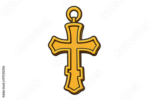 Golden Orthodox cross vector icon. Christian religious jewelry sign. Gold crucifix pendant symbol of faith. Cartoon illustration of a spiritual amulet. Isolated graphic design element.
