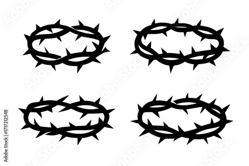 Crown of thorns silhouette vector icon set. Jesus Christ passion symbol. Religious christian illustration for Easter and Good Friday. Biblical suffering and sacrifice concept.