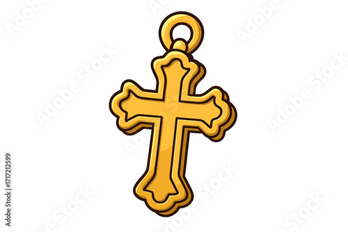 Gold cross pendant cartoon vector. Christian religion symbol. Orthodox jewelry icon for faith, spirituality, god concepts. Holy crucifix illustration for easter design.