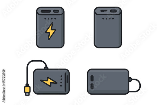 Power bank vector illustration set. Portable external battery charger for mobile phone and devices. Cartoon icon collection with USB cable, energy symbol, and charge indicator.
