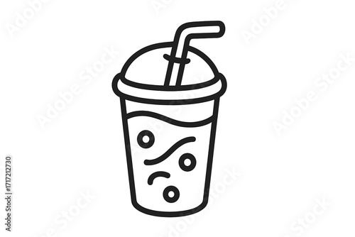 Soda drink icon in a plastic cup with a straw. Takeaway beverage symbol. Fast food refreshment concept. Vector line art illustration. Simple outline cartoon for menu or logo design.