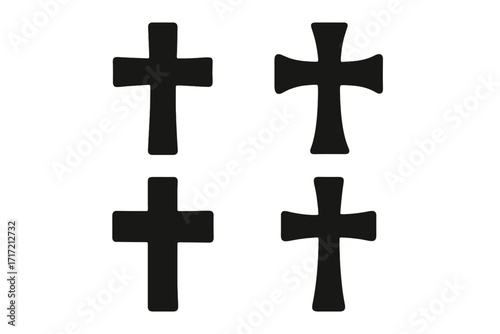 Set of black Christian cross silhouettes. Religious symbol collection. Christianity, faith and crucifix icon pack. Catholic and orthodox spiritual graphic element. Vector design.