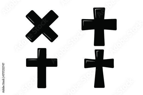 Christian cross sign vector icon set. Black silhouette crucifix symbol collection. Religious faith, spirituality concept. Wrong, delete, remove X mark. Catholic, orthodox.