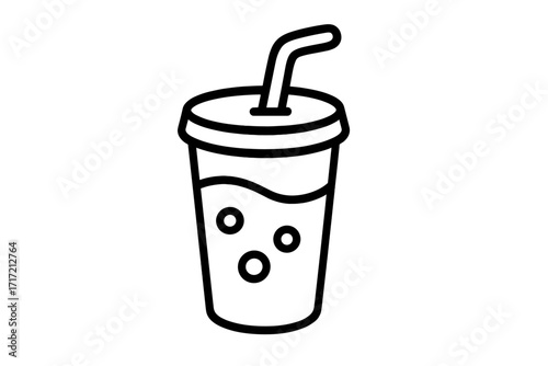 Soda drink icon in a takeaway plastic cup with a straw. Vector line art illustration of a soft drink or fizzy beverage. Fast food cartoon symbol. Minimalist outline.