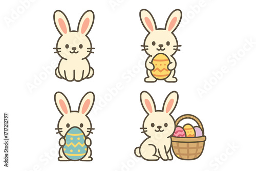 Easter bunny vector icon set. Cute cartoon rabbit with egg and basket. Spring holiday animal character collection. Flat design graphic element for Easter hunt decoration.