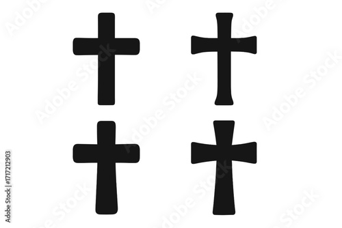 Christian cross symbol set. Black silhouette crucifix icons. Vector illustration for faith, religion, spirituality concepts. Holy graphic sign of Christianity, god, and Jesus.