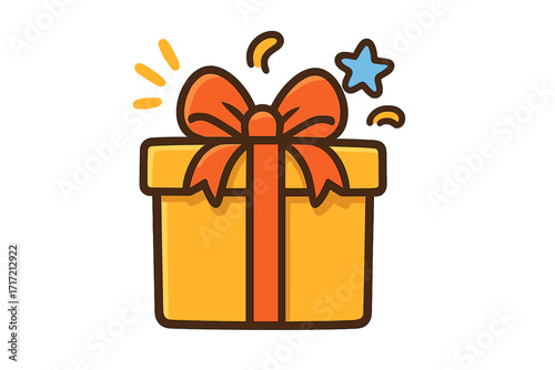 Gift box icon vector illustration. Cartoon present with a big ribbon bow for a surprise, birthday, or holiday celebration. Graphic design element for bonus, reward, or special offer.