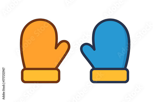 Winter mittens vector icon set. Warm gloves symbol collection. Flat cartoon illustration of a pair of blue and orange mittens. Cold weather clothes accessory design isolated.