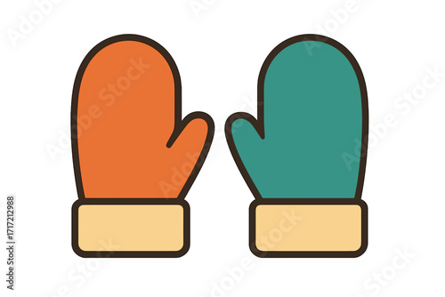Pair of winter mittens vector icon. Colorful warm gloves for cold weather. Christmas holiday accessory symbol. Cute cartoon flat design element. Isolated on white background.