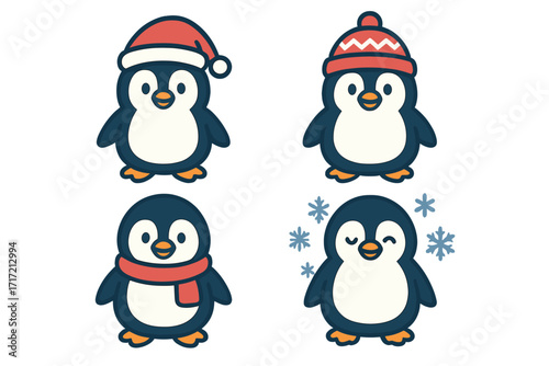 Cute penguin character vector set. Cartoon winter bird collection with Santa hat, beanie, and scarf. Adorable animal mascot for Christmas holiday design. Flat icon pack.