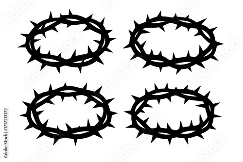 Crown of thorns silhouette icon set. Symbol of Jesus Christ's crucifixion and passion. Christian religious vector illustration for Easter. Martyrdom and suffering concept.