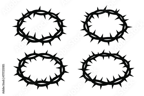 Crown of thorns vector icon set. Jesus Christ passion symbol. Christian religious silhouette illustration. Crucifixion, Easter, and salvation concept. Holy week graphic element.