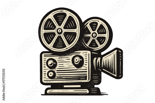 Old movie projector vector icon in a retro woodcut style. Classic cinema film camera. Symbol for filmmaking, cinematography, entertainment, and Hollywood. Isolated graphic.