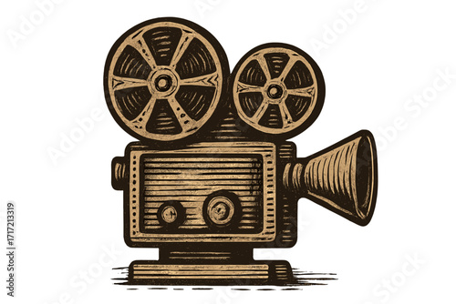 Vintage movie projector, retro cinema camera icon in engraving, woodcut style. Old film equipment for movie production, filmmaking. Classic cinematography symbol. Vector.