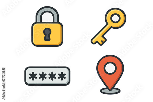 Security and access vector icon set with lock, key, password, and location pin symbols. Flat cartoon illustration for user interface, app design, and web login concepts.