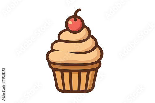 Cupcake vector icon. Cute cartoon muffin with cream frosting and cherry. Sweet dessert for bakery, pastry shop. Birthday party food illustration. Isolated flat design element.