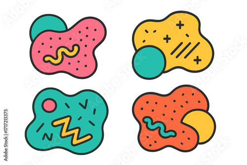 Set of abstract liquid shapes. Memphis style design elements. Vector cartoon illustration pack. Retro 80s 90s geometric forms for stickers, patches, and graphic posters.
