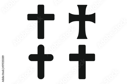 Set of black cross icons. Collection of various christian religious symbols. Crucifix silhouette shapes for graphic design. Vector illustration of faith and church signs.
