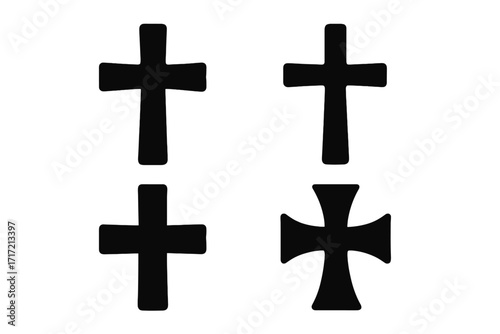 Christian cross icon set. Religious symbol collection. Black silhouette shapes. Vector illustration for faith, spirituality, god. Holy sign for church. Cross pattée design element.