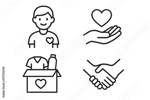Charity and donation line icon set. Volunteering, help, and community support symbols. Humanitarian aid, care, giving love, and social work vector graphics collection.