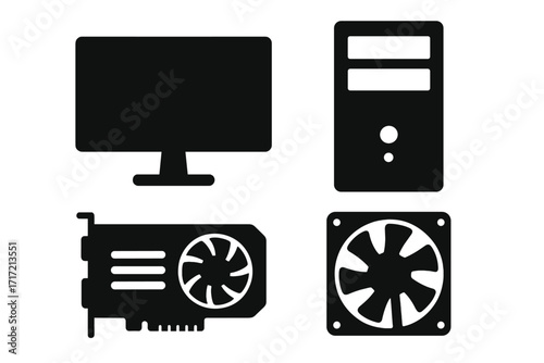 Computer hardware components icon set. PC parts silhouette collection. Vector illustration of a monitor, tower case, graphics card, and cooling fan. Isolated on white background.