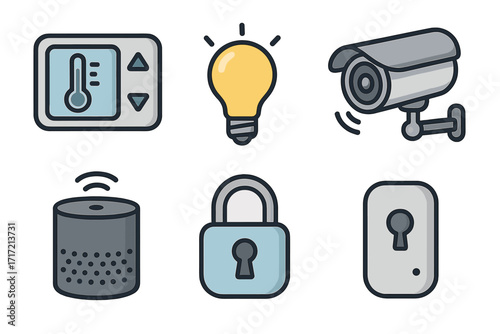 Smart home technology icon set vector. IoT automation concept with thermostat, light, camera, speaker, lock, sensor. Wireless control and security system graphic elements.