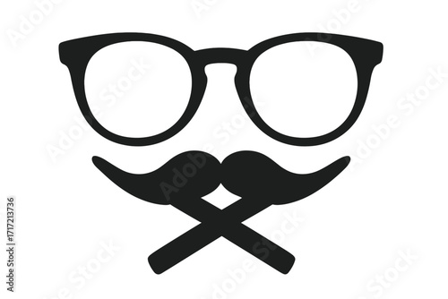 Hipster glasses and mustache icon. Gentleman face silhouette. Barber shop symbol with crossed razor sign. Vintage retro style vector illustration for logo or design element.