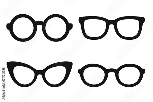 Eyeglasses frames silhouette vector set. Collection of different fashion glasses styles icon. Retro, vintage, and modern eyewear. Optical accessories for vision and sight.