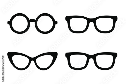 Eyeglasses vector icon set. Collection of different fashion glasses frames silhouettes. Retro cat-eye, vintage round, and classic styles. Spectacles accessory sign.