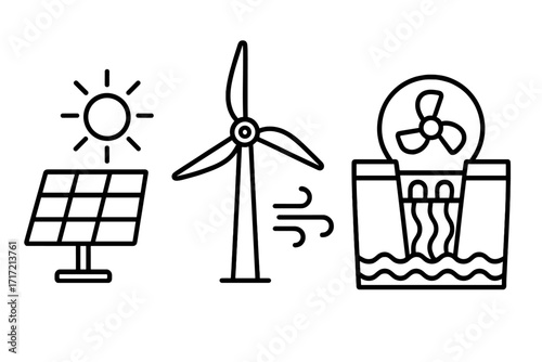 Sustainable energy line icon set with solar panel, wind turbine, and hydro power station. Green electricity generation. Renewable resources. Eco friendly technology vector icons.