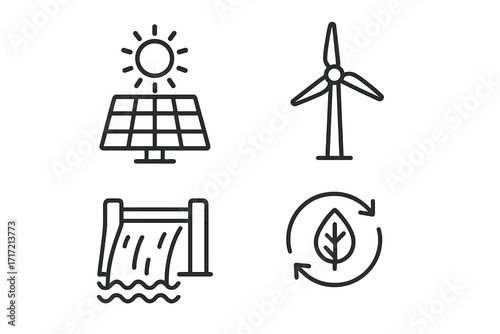 Renewable energy thin line icon set. Sustainable power generation symbols. Solar panel, wind turbine, hydroelectric dam, and biofuel pictogram. Clean green electricity concept.