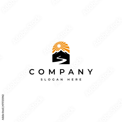 mountainous nature scene with rays of sunshine and a winding river in a flat vector logo design style.