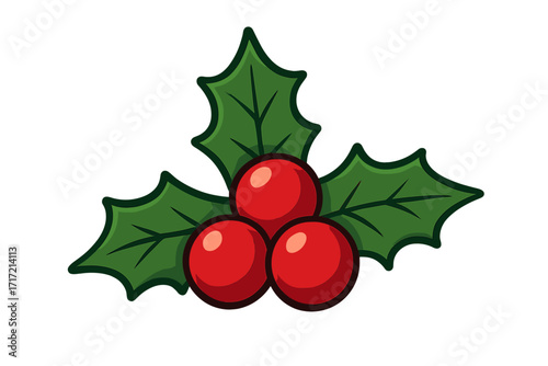 Christmas holly berry icon. Vector cartoon illustration of a festive winter plant. Mistletoe symbol for holiday decoration. Green leaves and red berries isolated on white.