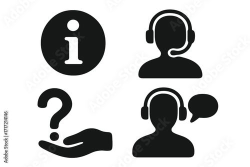 Customer service and support icon set. Call center operator with headset, info sign, question mark symbol. Help desk, FAQ, contact us, and communication vector icons.