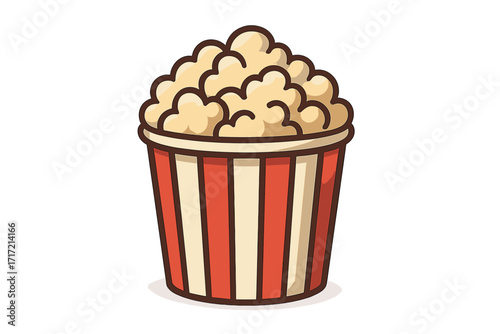 Popcorn in classic striped box. Cinema movie night snack food vector icon. Retro cartoon illustration. Fast food for entertainment, isolated on a white background. Yummy kernel.